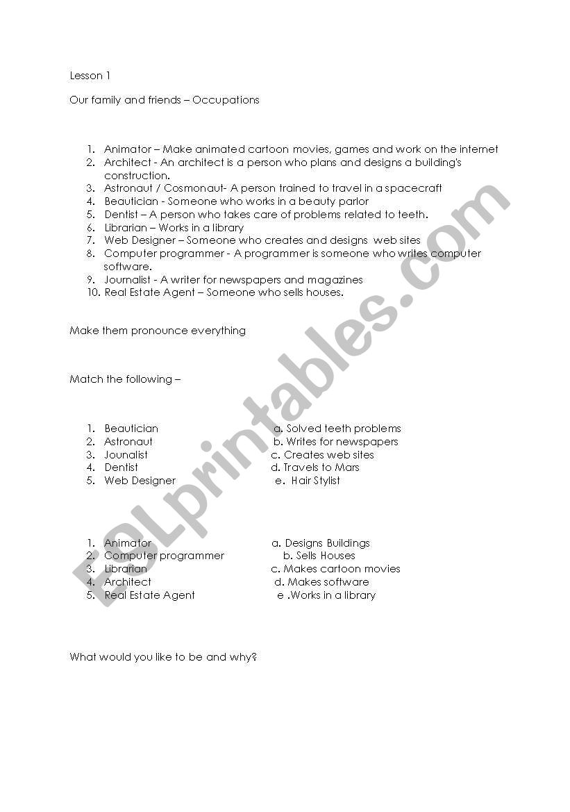 Occupations worksheet