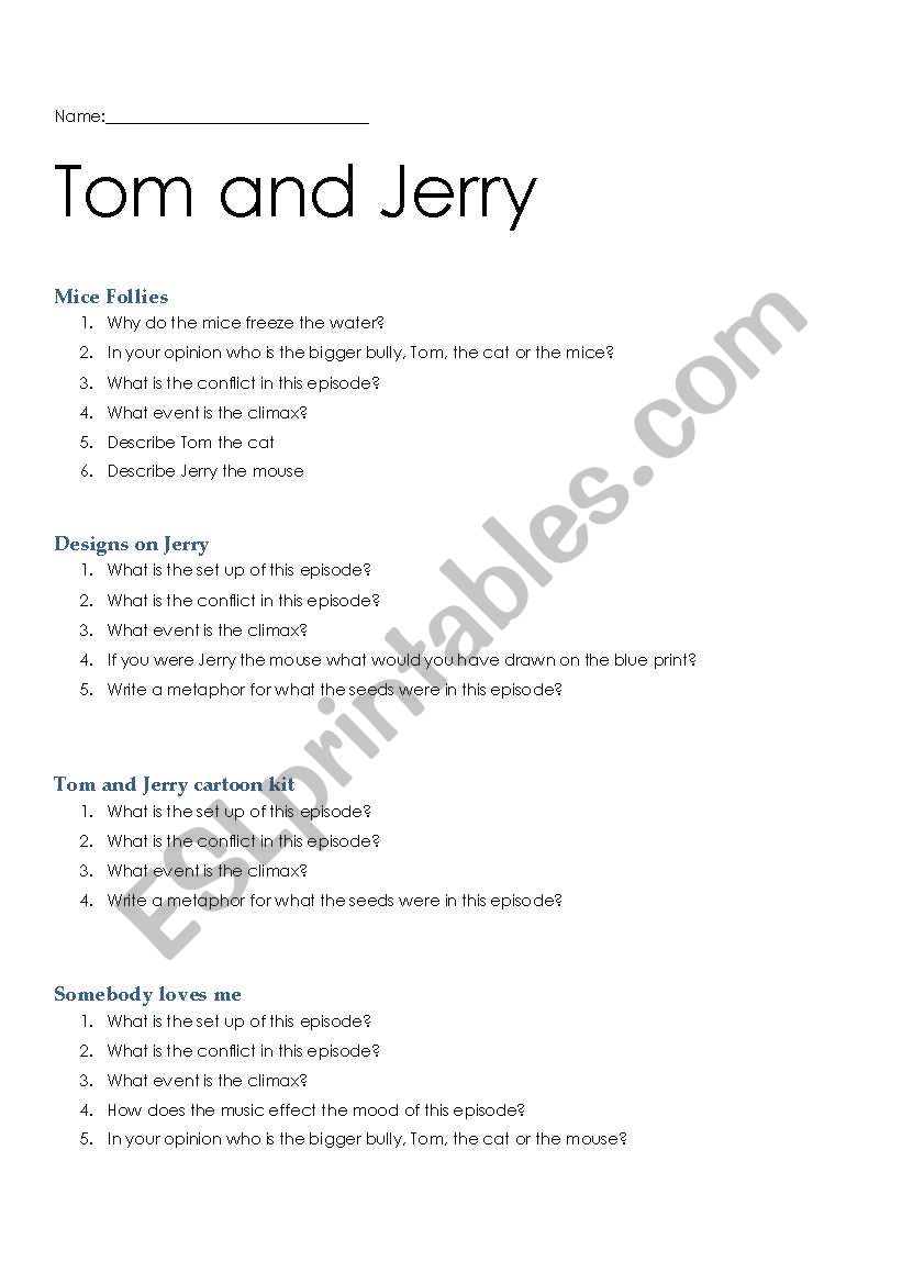 tom and jerry work sheet worksheet