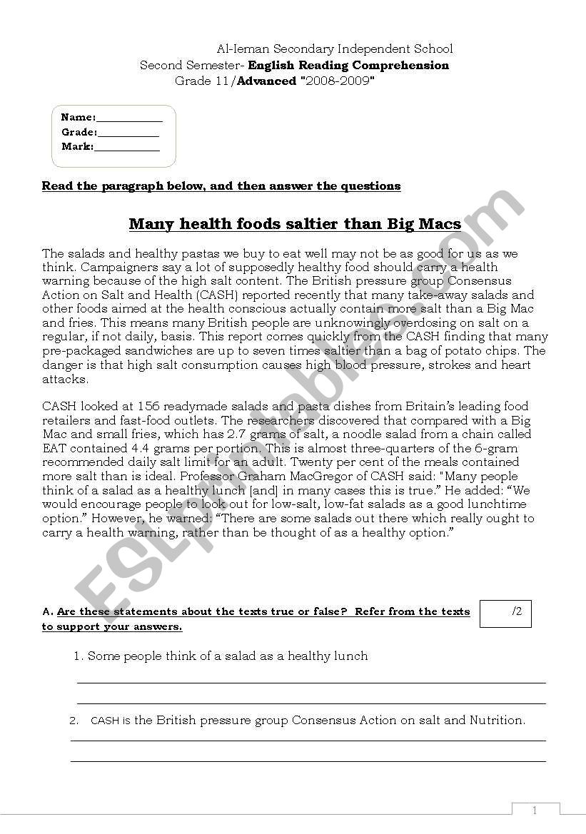 healthy and salty meals  worksheet