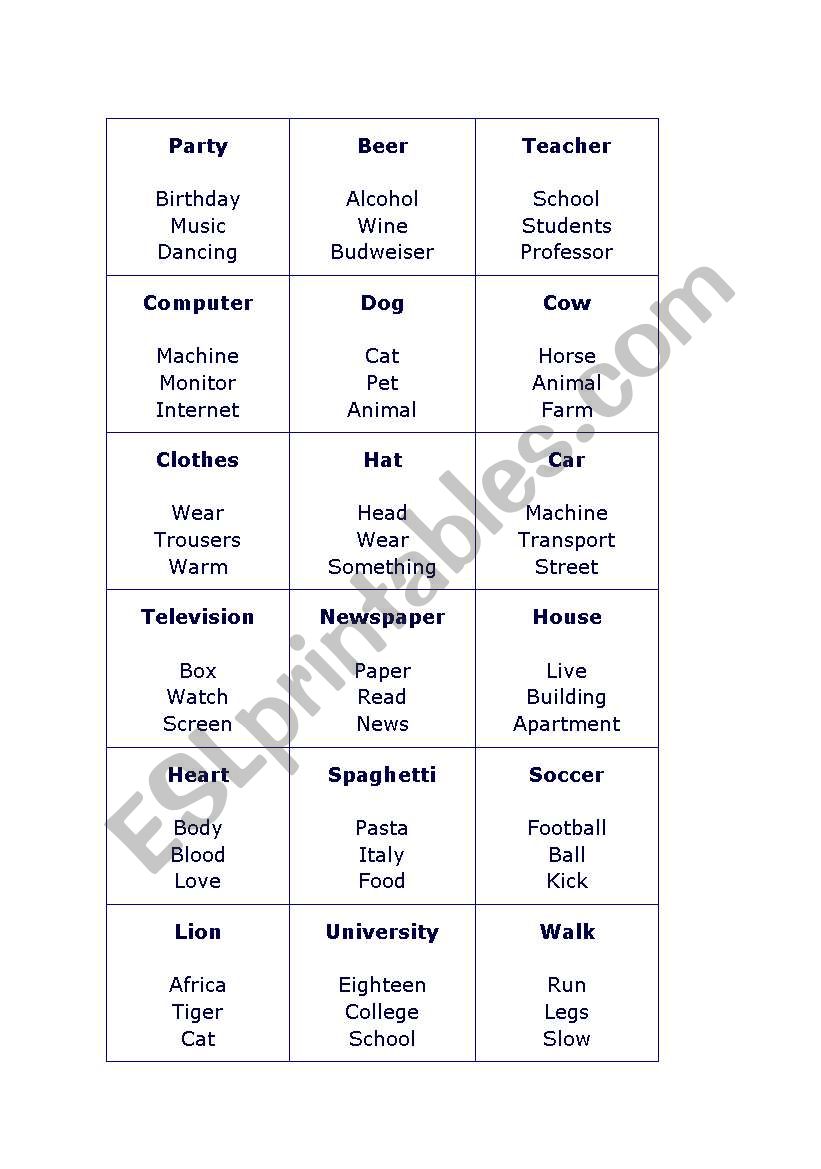 Taboo Game- cards worksheet