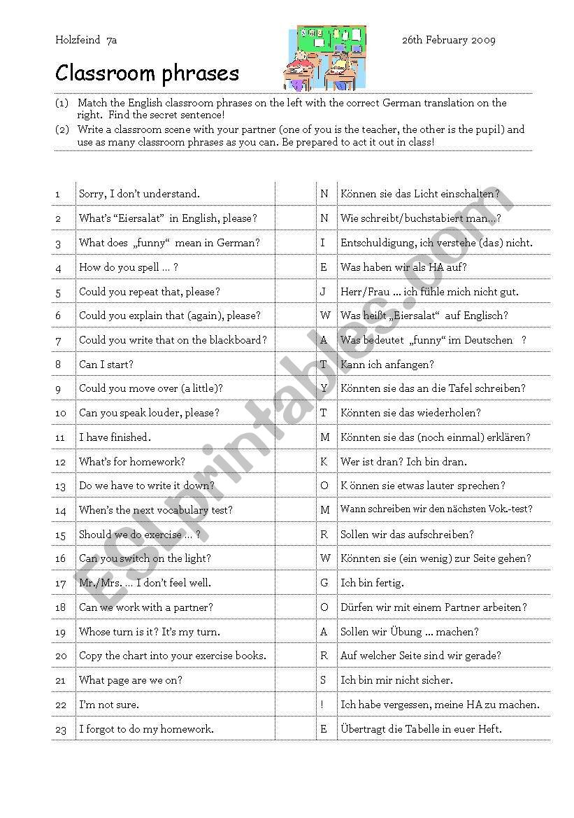 Classroom phrases matching exercise