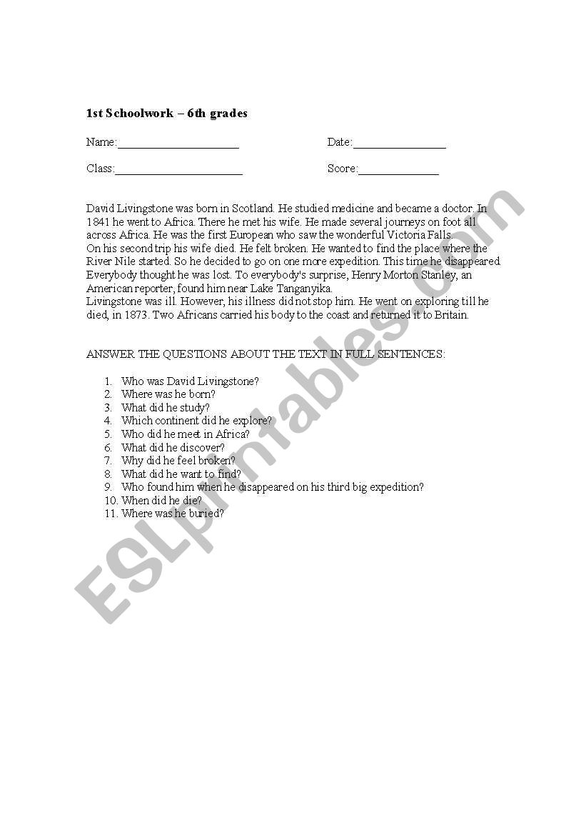 Livingstone worksheet