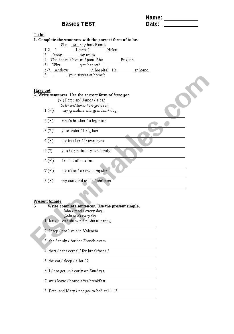 Basics TEST worksheet