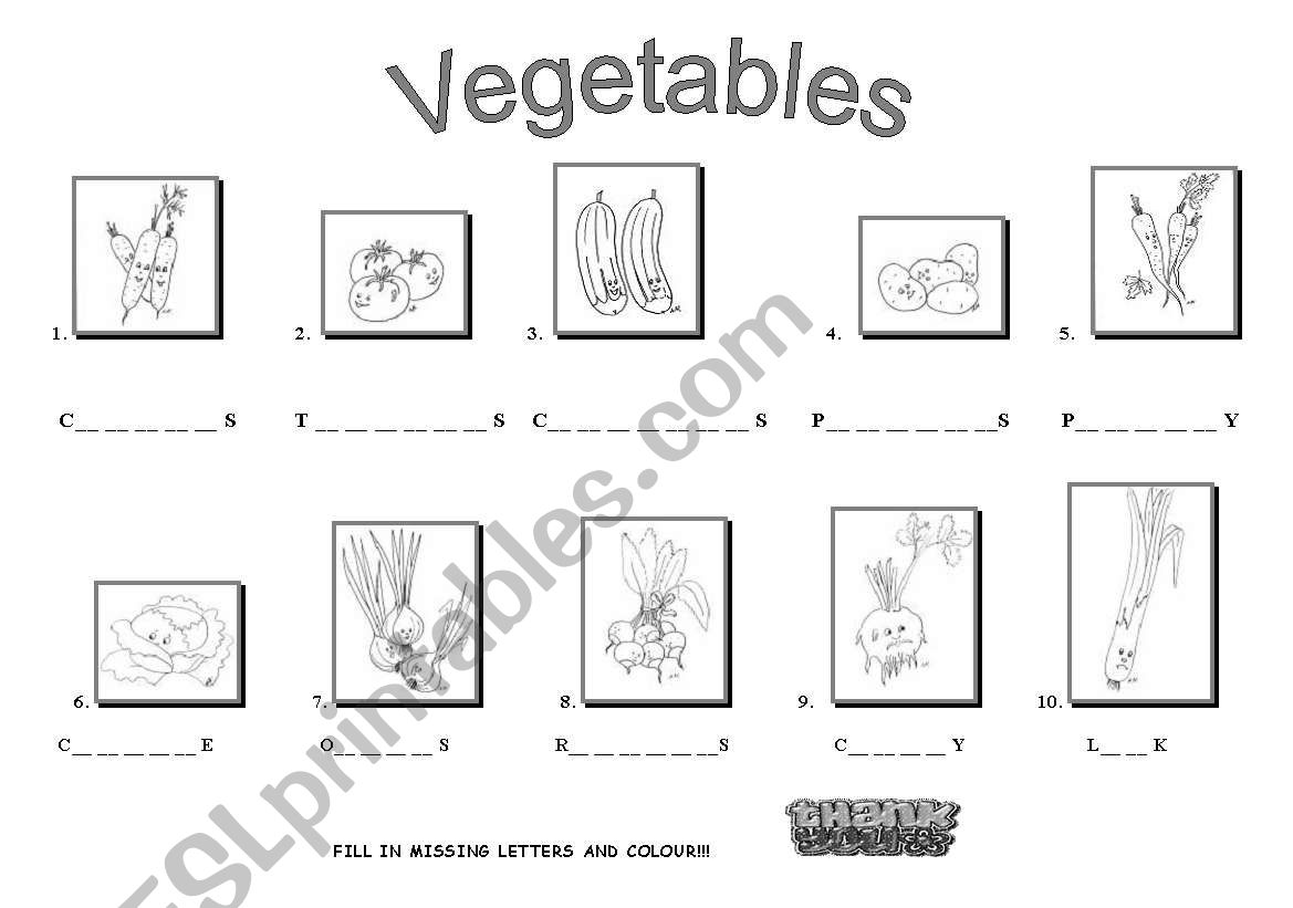 Vegetables - fill in missing letters and colour