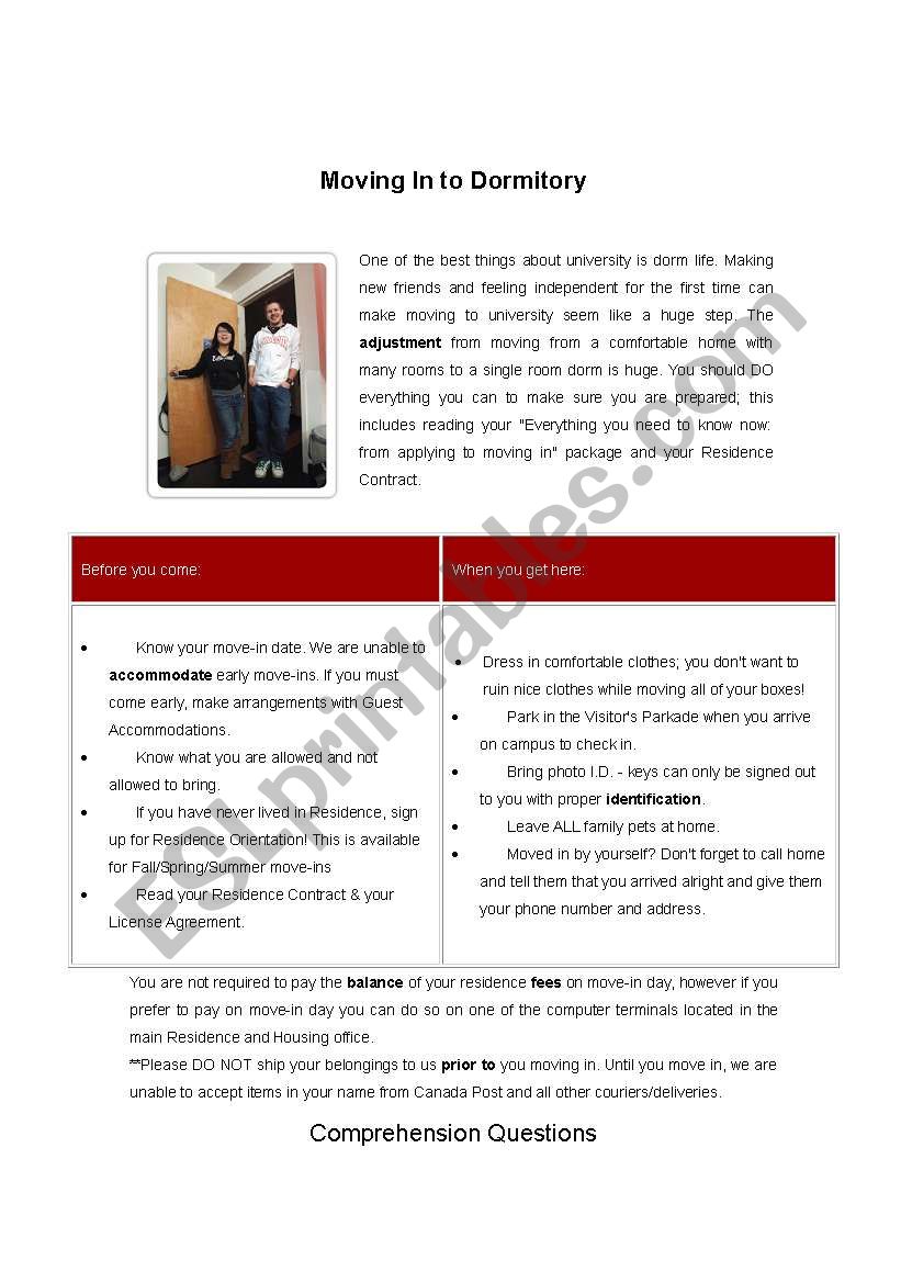 Reading material worksheet