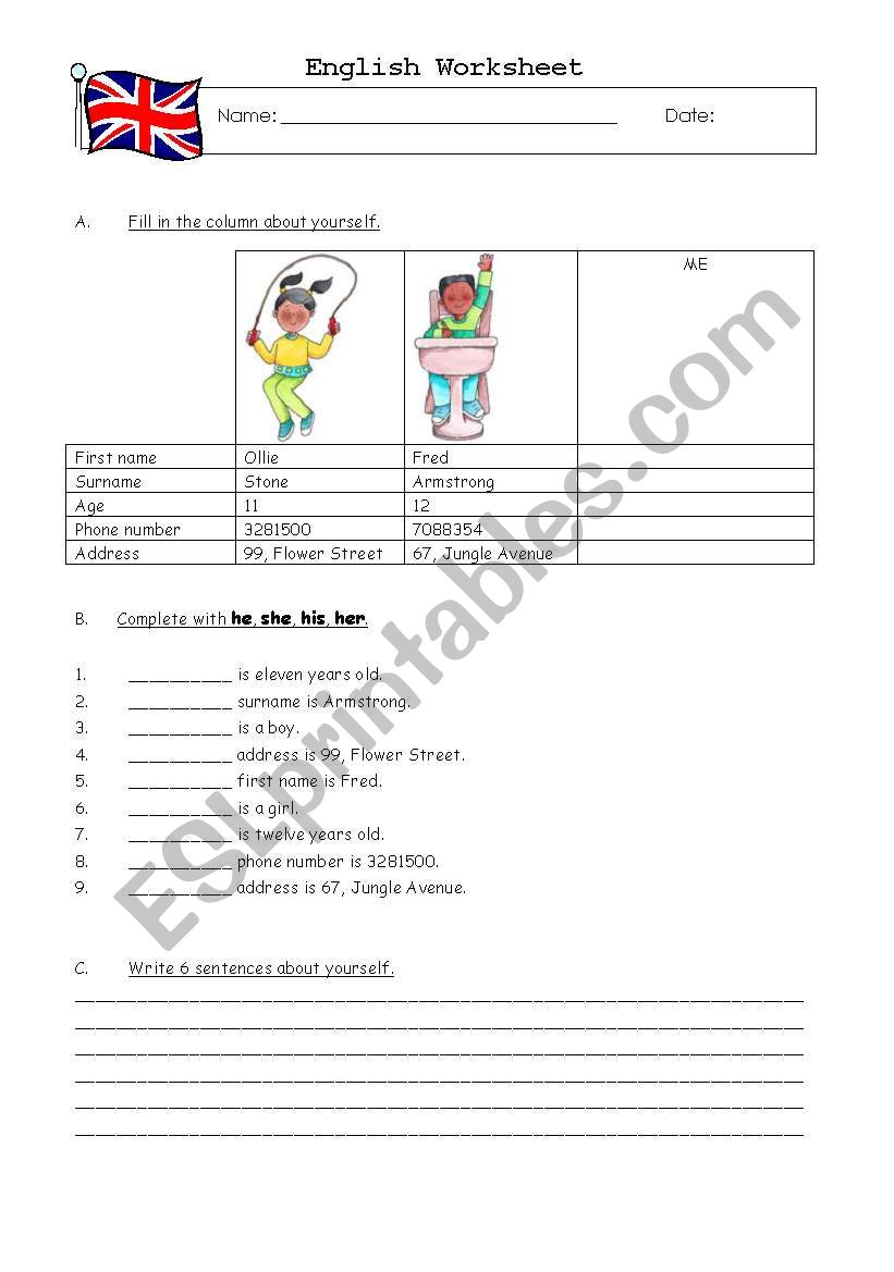 Ollie and Fred worksheet