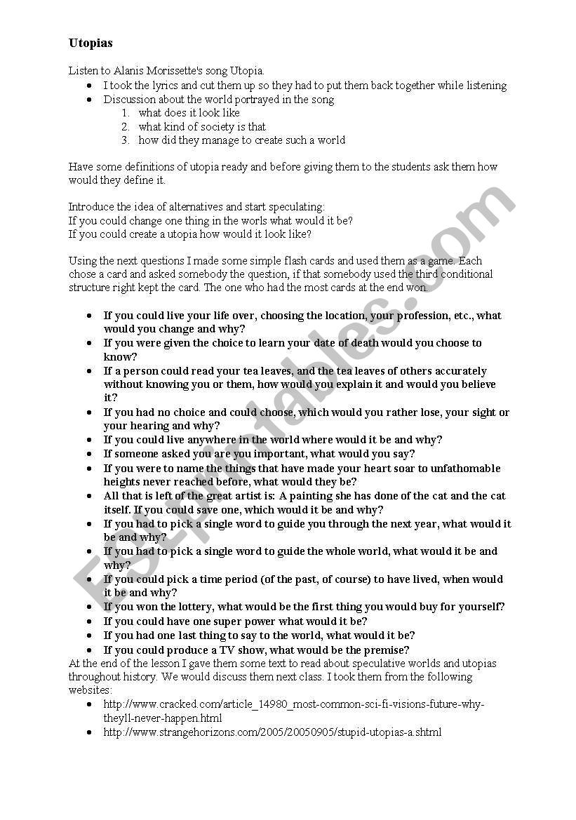 Utopias worksheet