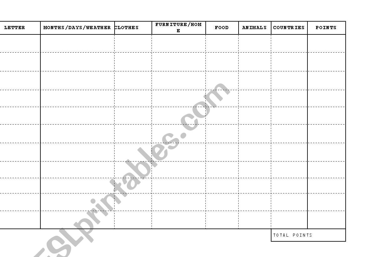 Tuttifrutti game worksheet