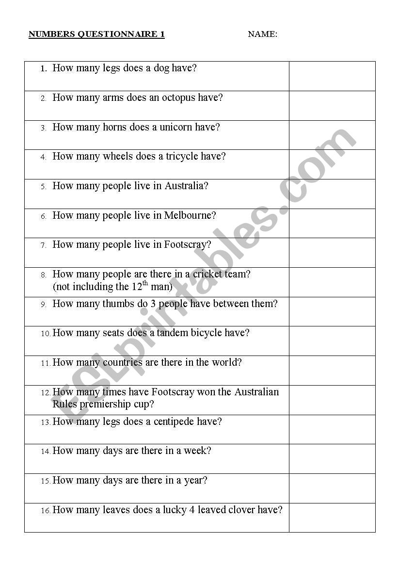English worksheets: Variety of numbers Questionnaire