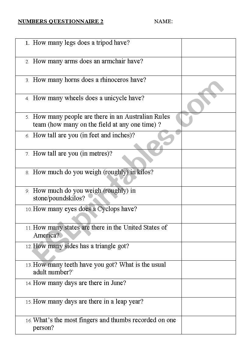 Numbers Questionnaire 2 worksheet