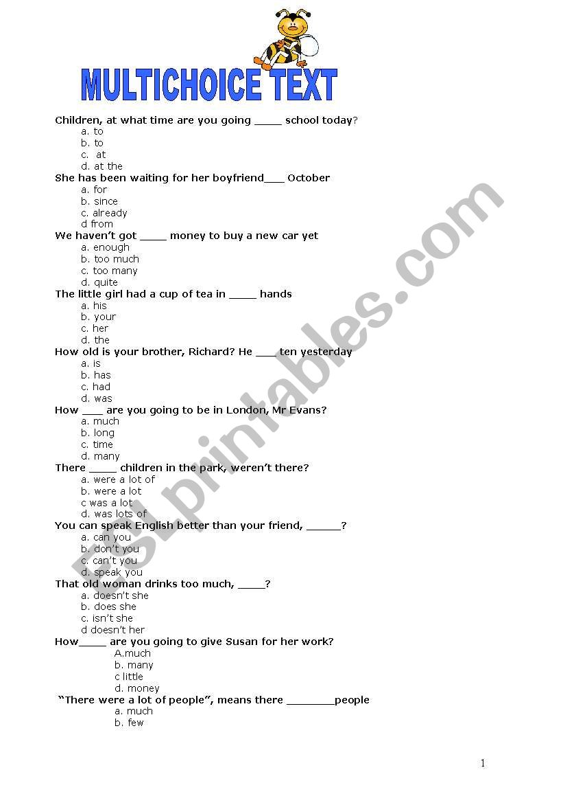 MULTICHOICE  ENGLISH EXAM worksheet