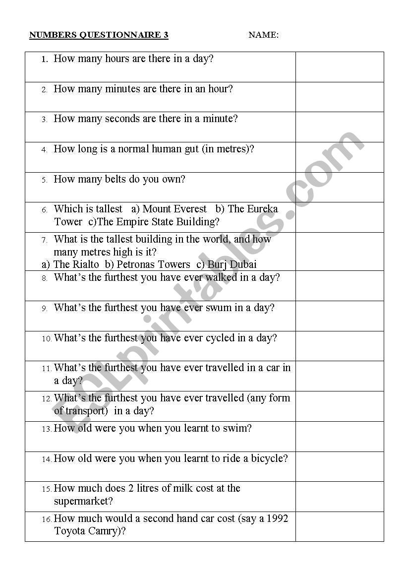 Numbers Questionnaire 3 worksheet