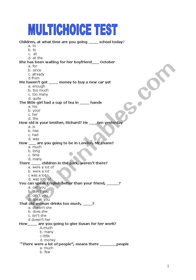 MULTICHOICE TEST worksheet