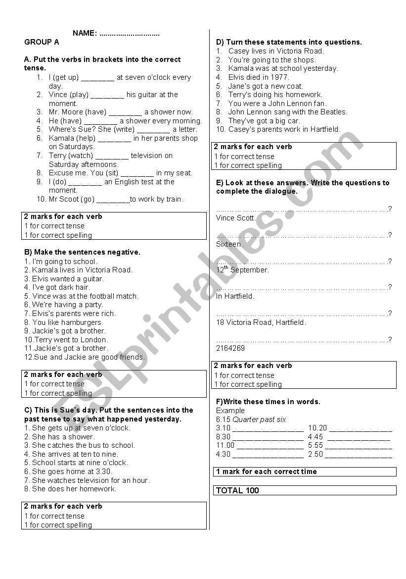 Past Simple and Present Perfect and other skills Test