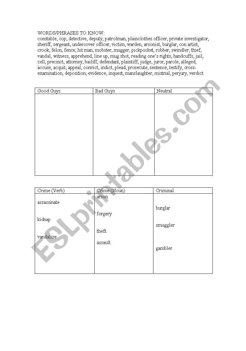 Crime vocabulary worksheet