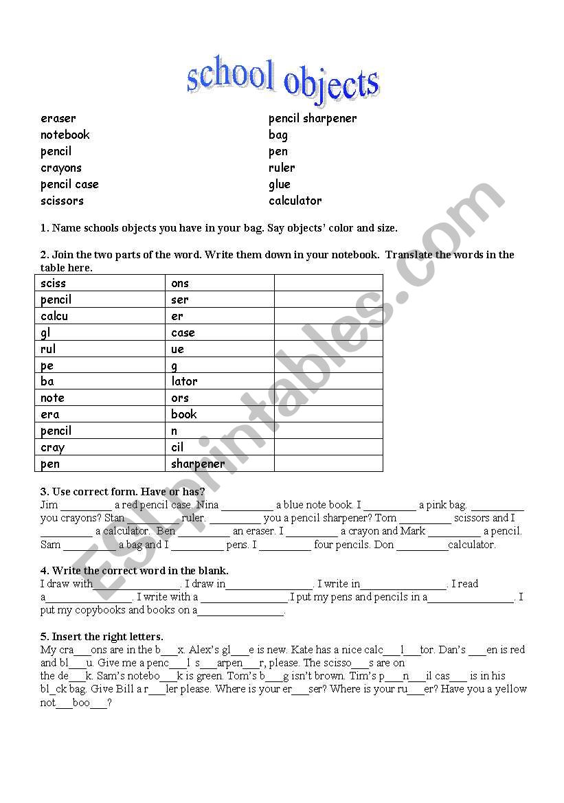 school objects worksheet