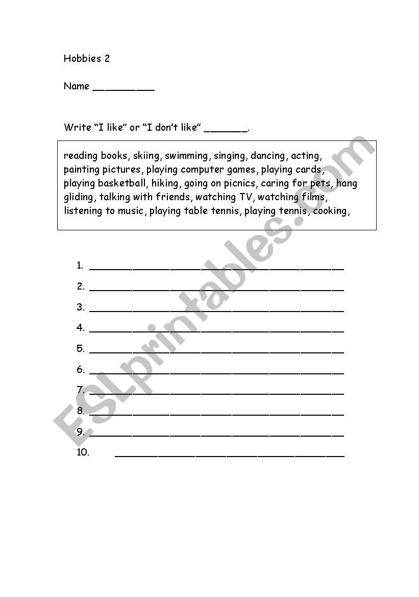 Hobbies - my preferences worksheet