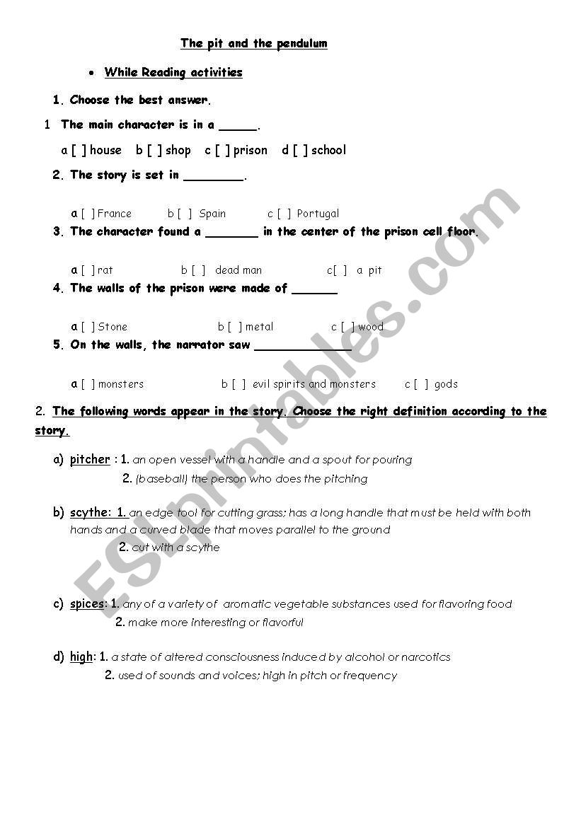 The Pit and the Pendulum while reading activities