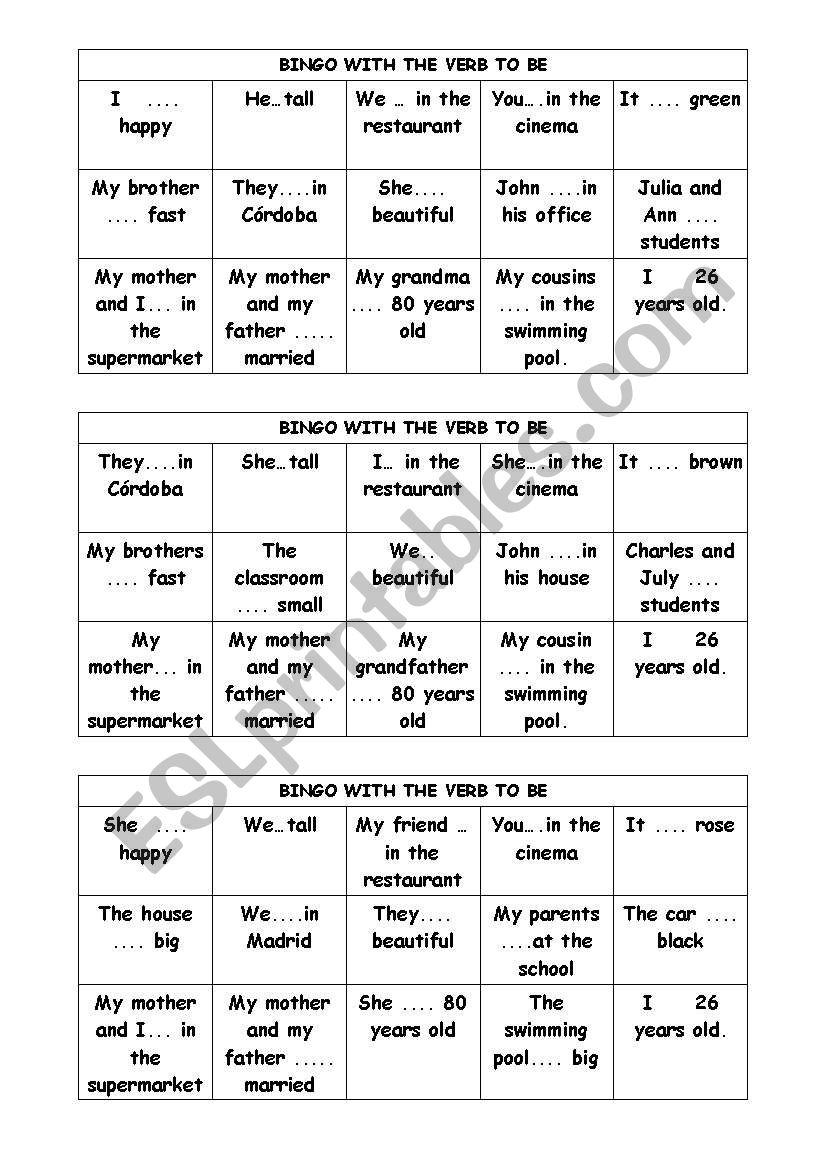 Bingo verb to be worksheet