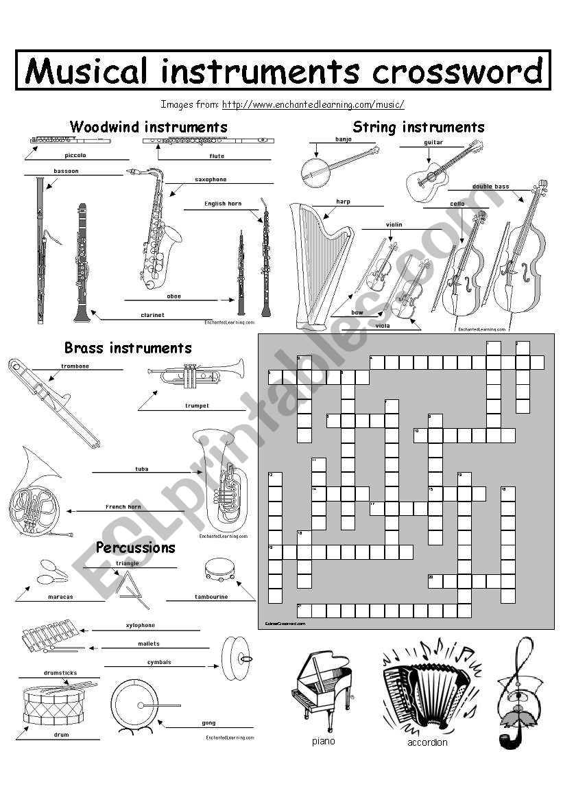 Musical instruments crossword worksheet
