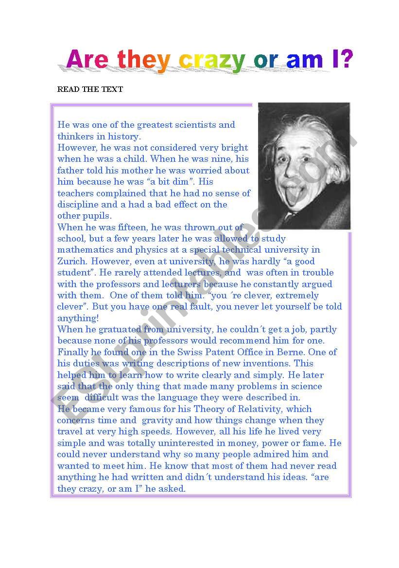 READING ABOUT ALBERT EINSTEIN worksheet