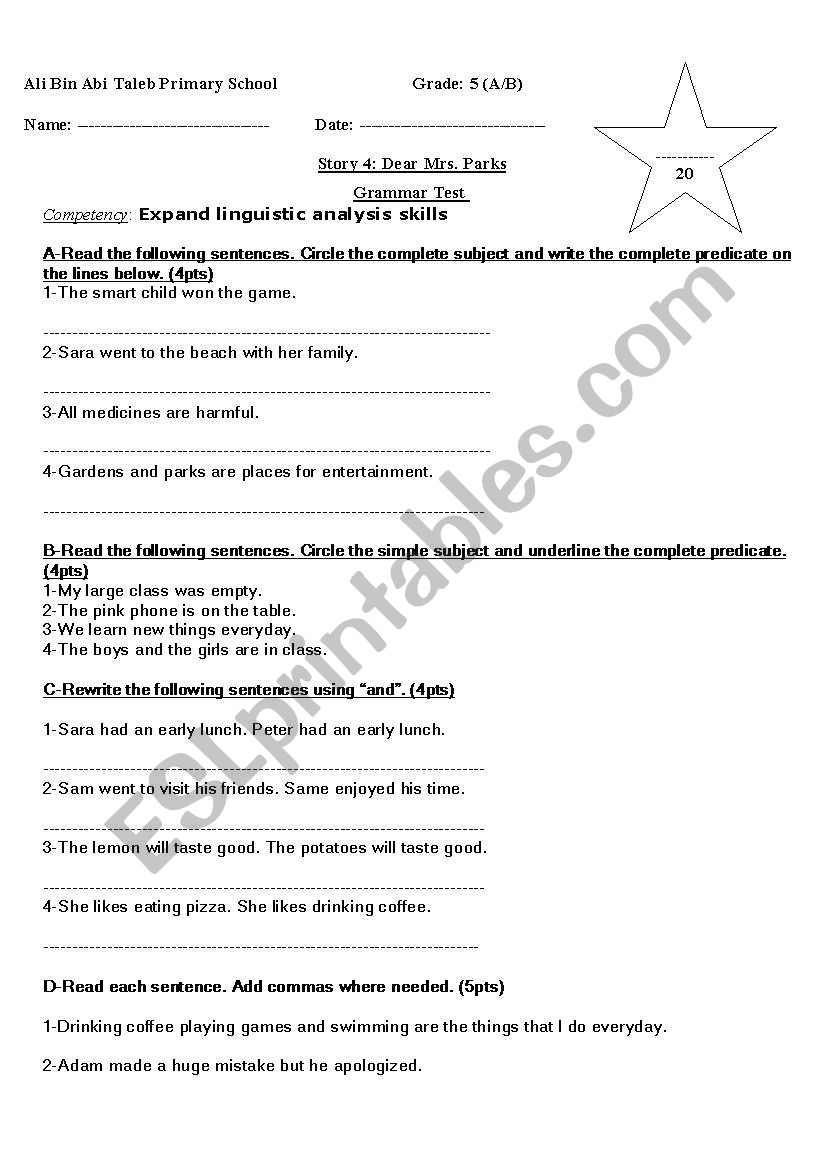 Subjects and Predicates worksheet