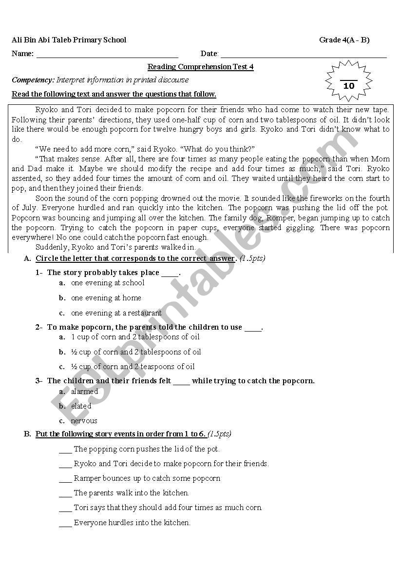 Reading Comprehension for grade 4 - ESL worksheet by Nanoushka