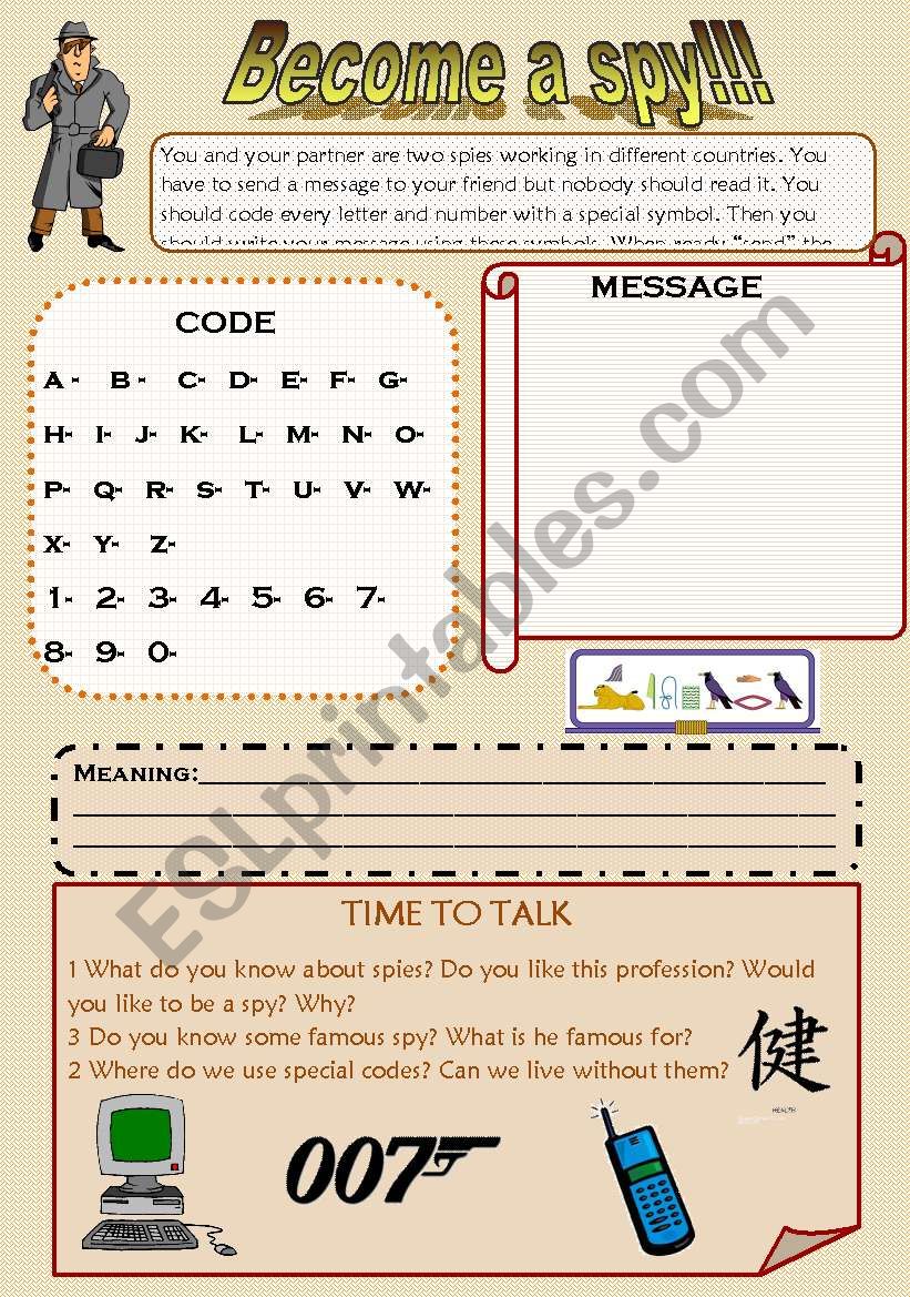 A SPY write a secret code and talk about codes and spies. ESL
