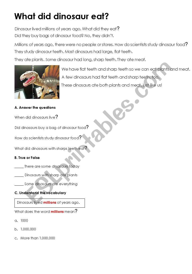 What did Dinosaur eat? worksheet