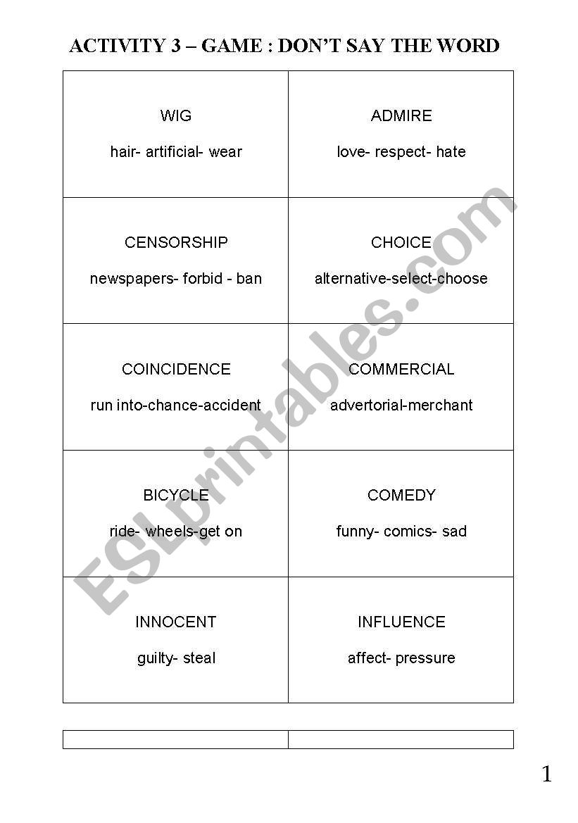 Dont Say The Word ( Taboo) worksheet
