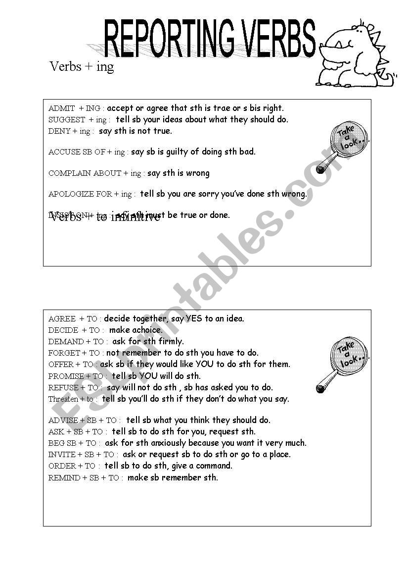 REPORTING VERBS (2pgs.) +ING or +TO INF.