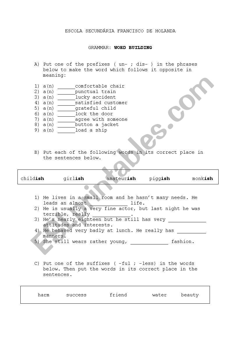 Prefixes and Sufixes worksheet