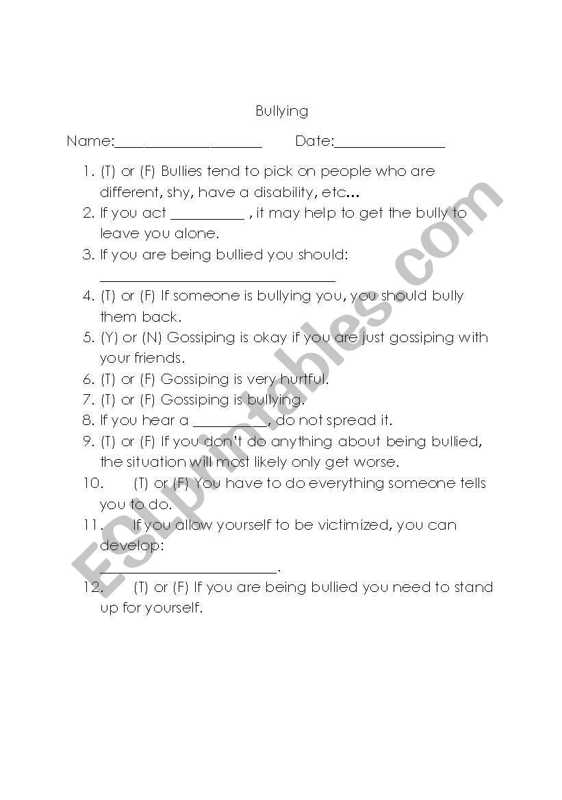 Bullying 2 worksheet
