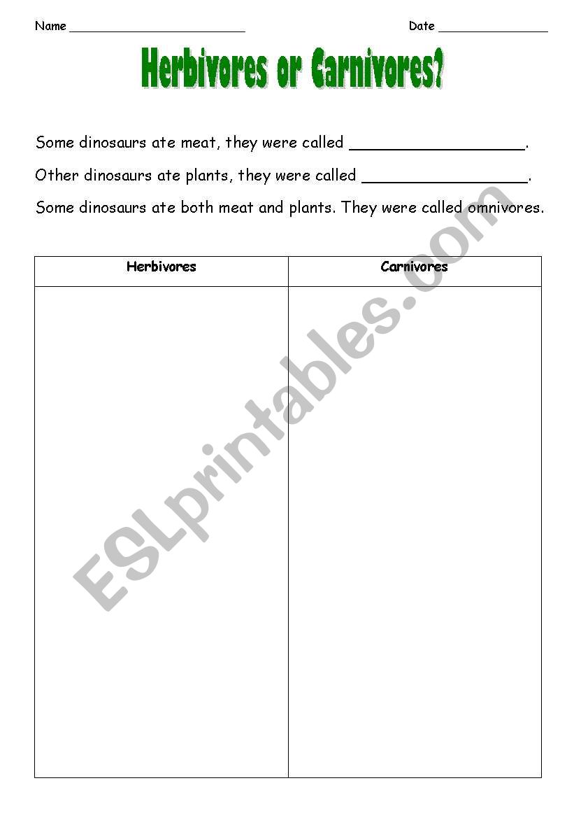 Herbivores or Carnivores worksheet