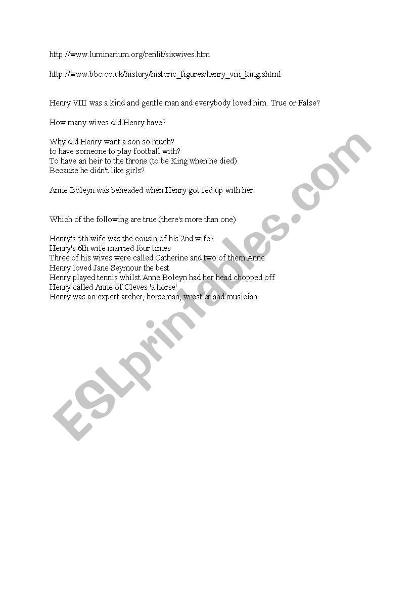 information about Henry VIII worksheet