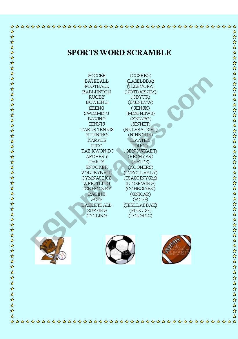 Sports Vocabulary-Scramble worksheet