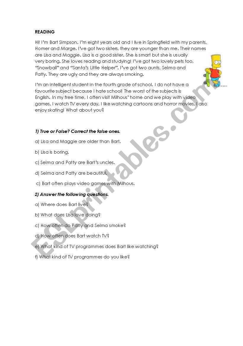 Bart Simpsons life worksheet