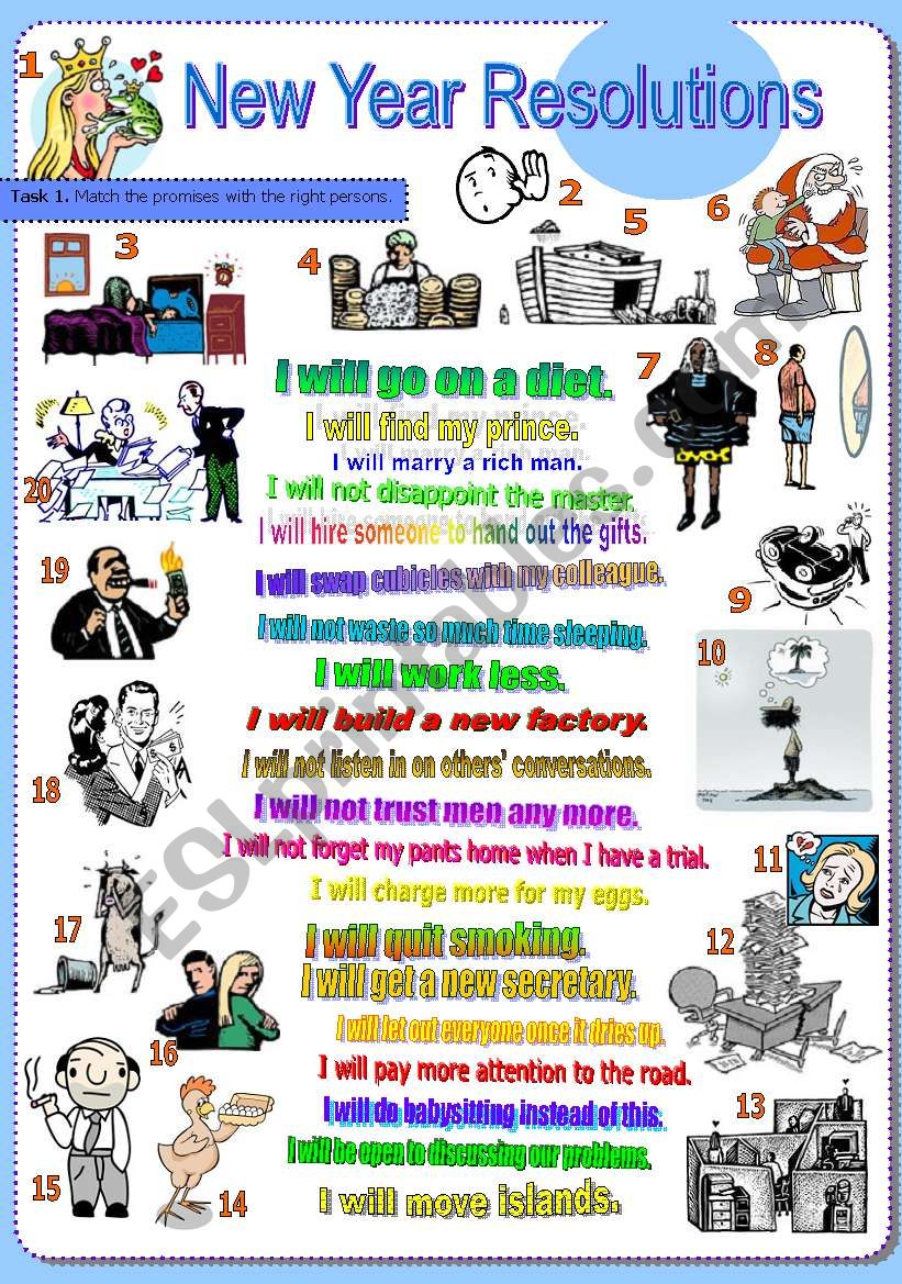 New Year Resolutions. (Part 1/2). Match promises with the persons (Future Tense Â´willÂ´)