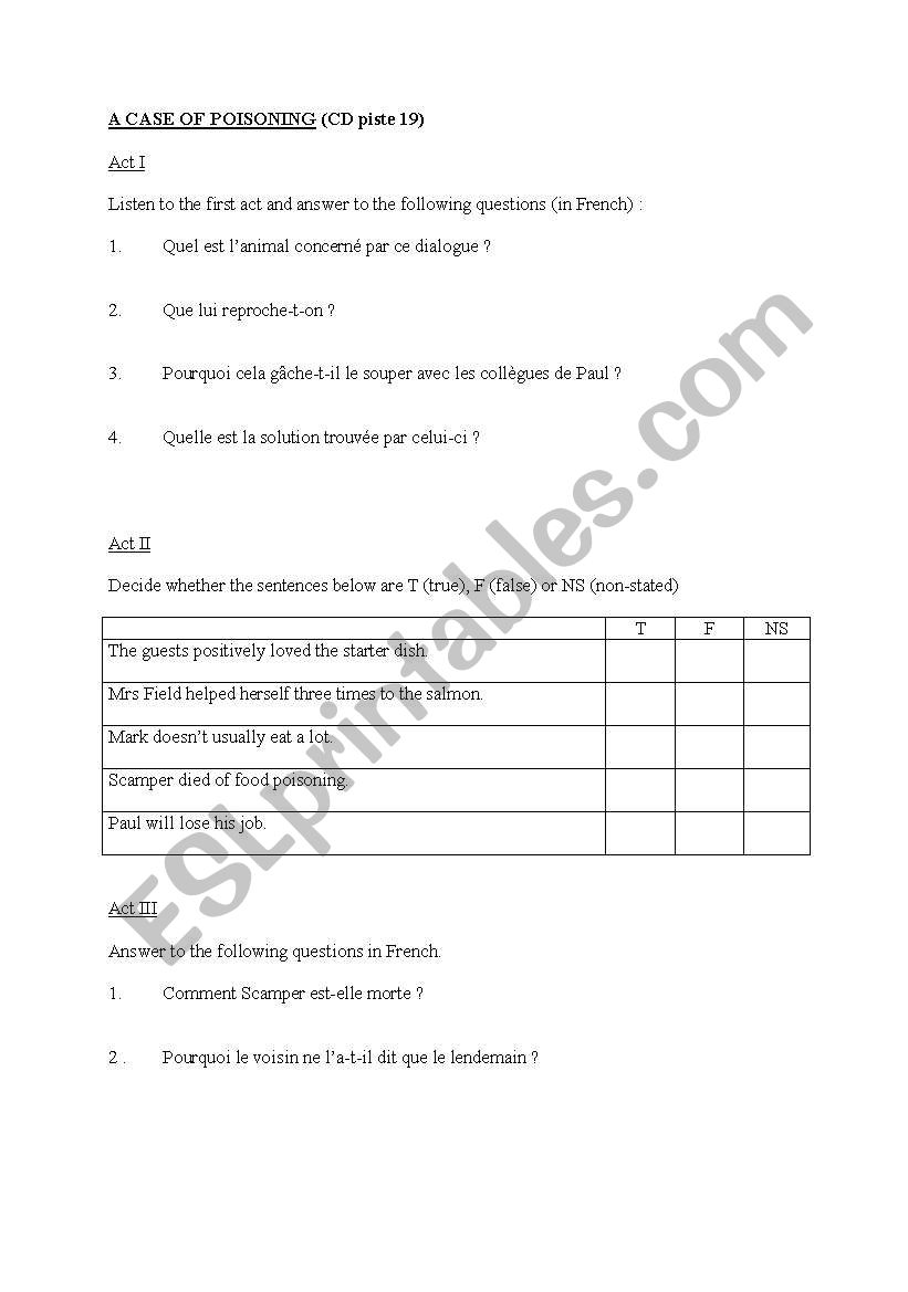 A CASE OF PISONING worksheet