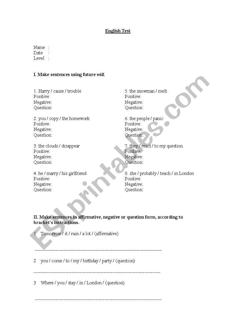 english worksheet, future tense (will)