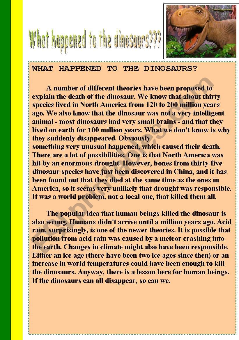 WHAT HAPPENED TO DINOSAURS????? READING PASSAGE WITH COMPREHENSION QUESTIONS...+ ANSWER KEY :)