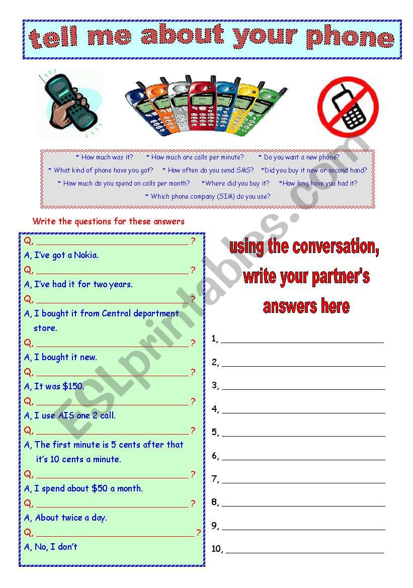 cell phone conversation worksheet