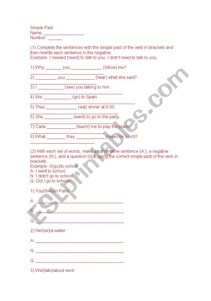 Simple Past test worksheet