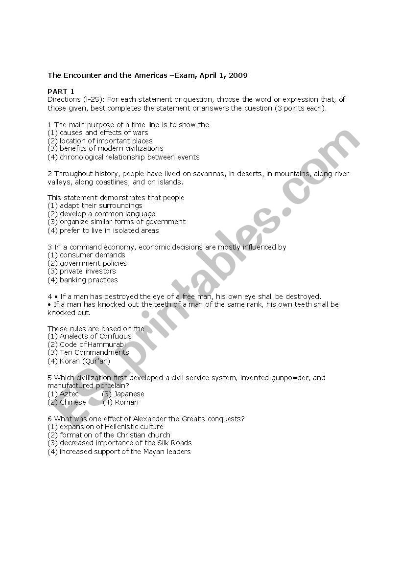 Enlightenment Exam worksheet