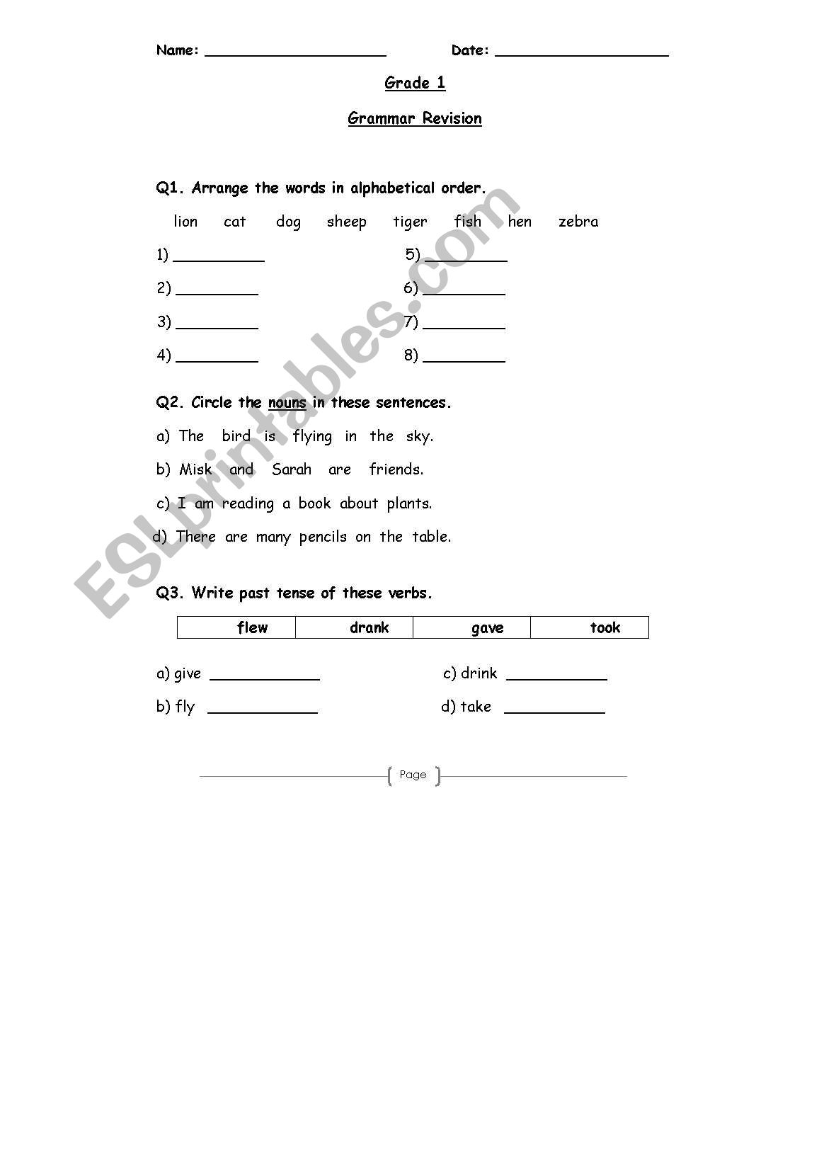 Grammar review (Miscellaneous topics for grade 1)