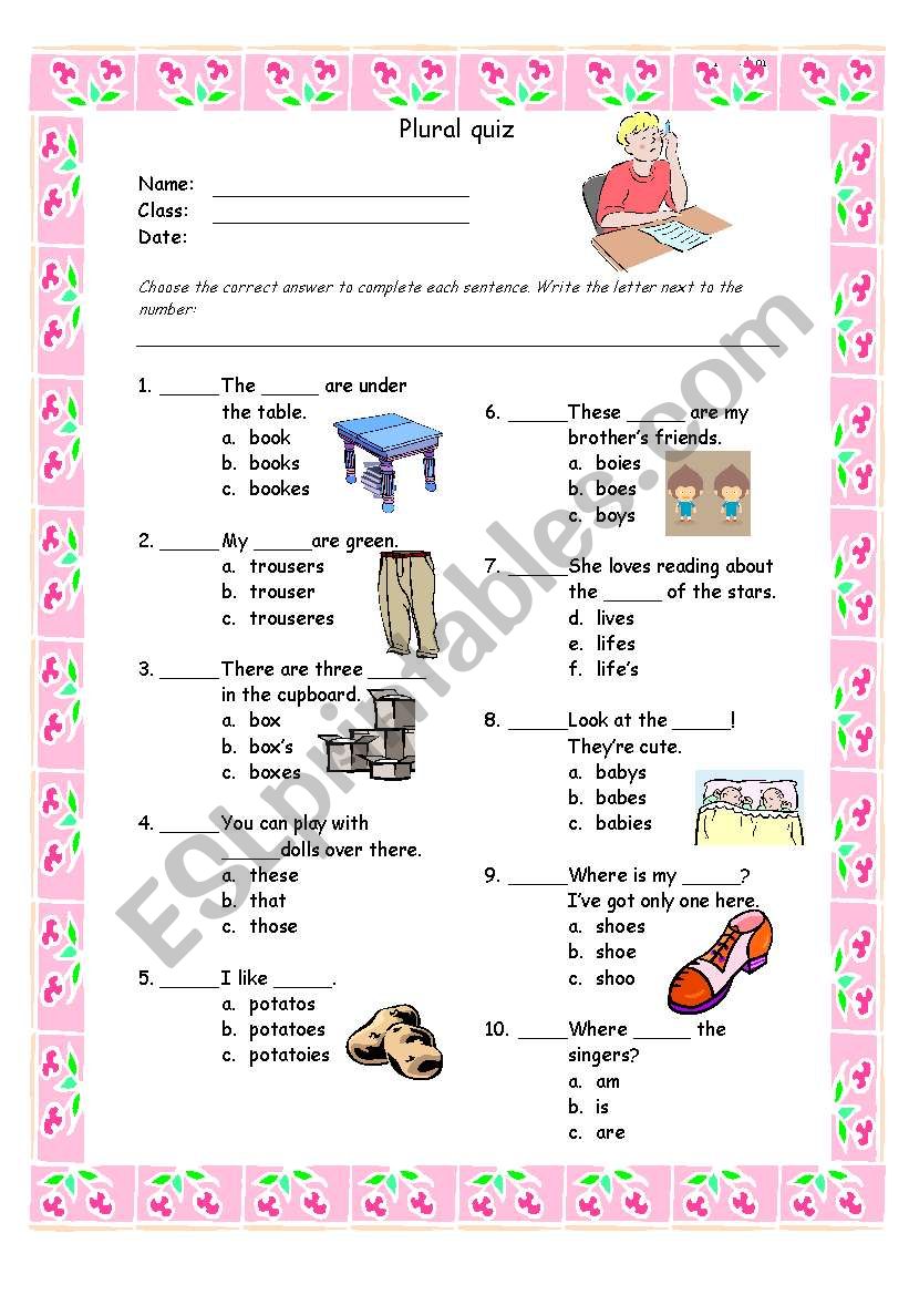 plural spelling quiz - page 1 worksheet