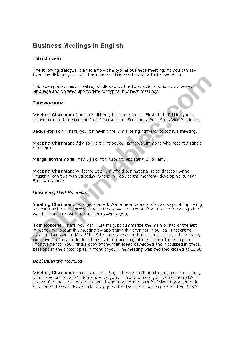 Business Meetings in English worksheet