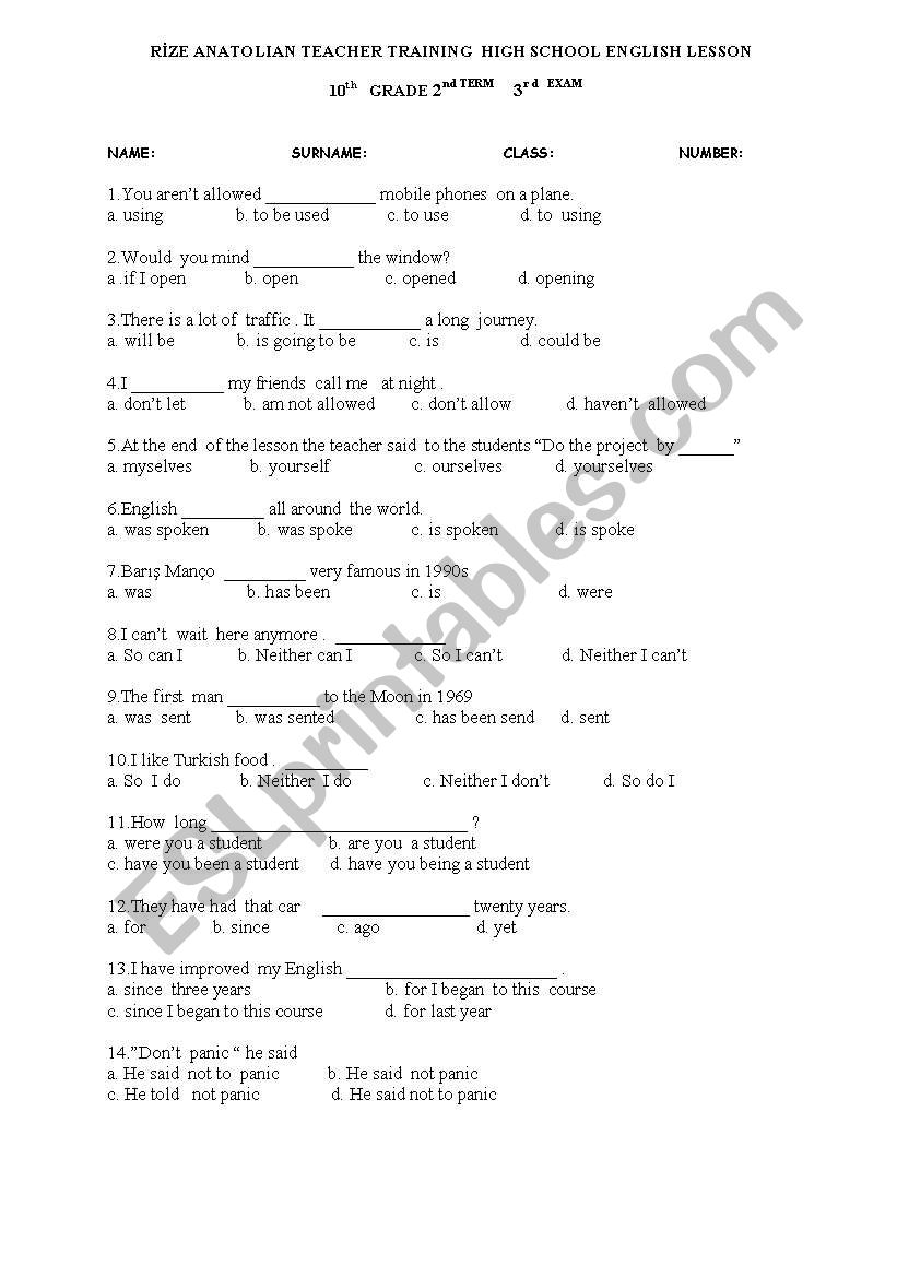 multiple choice exam for 10 th drade