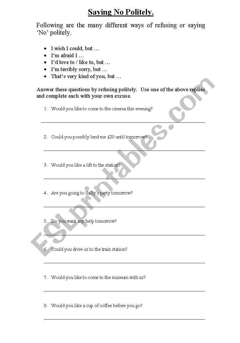 Saying No Politely. worksheet