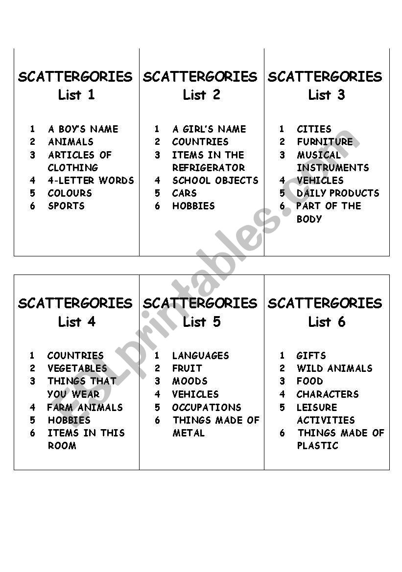 Scattergories Esl Worksheet By Erdelyie